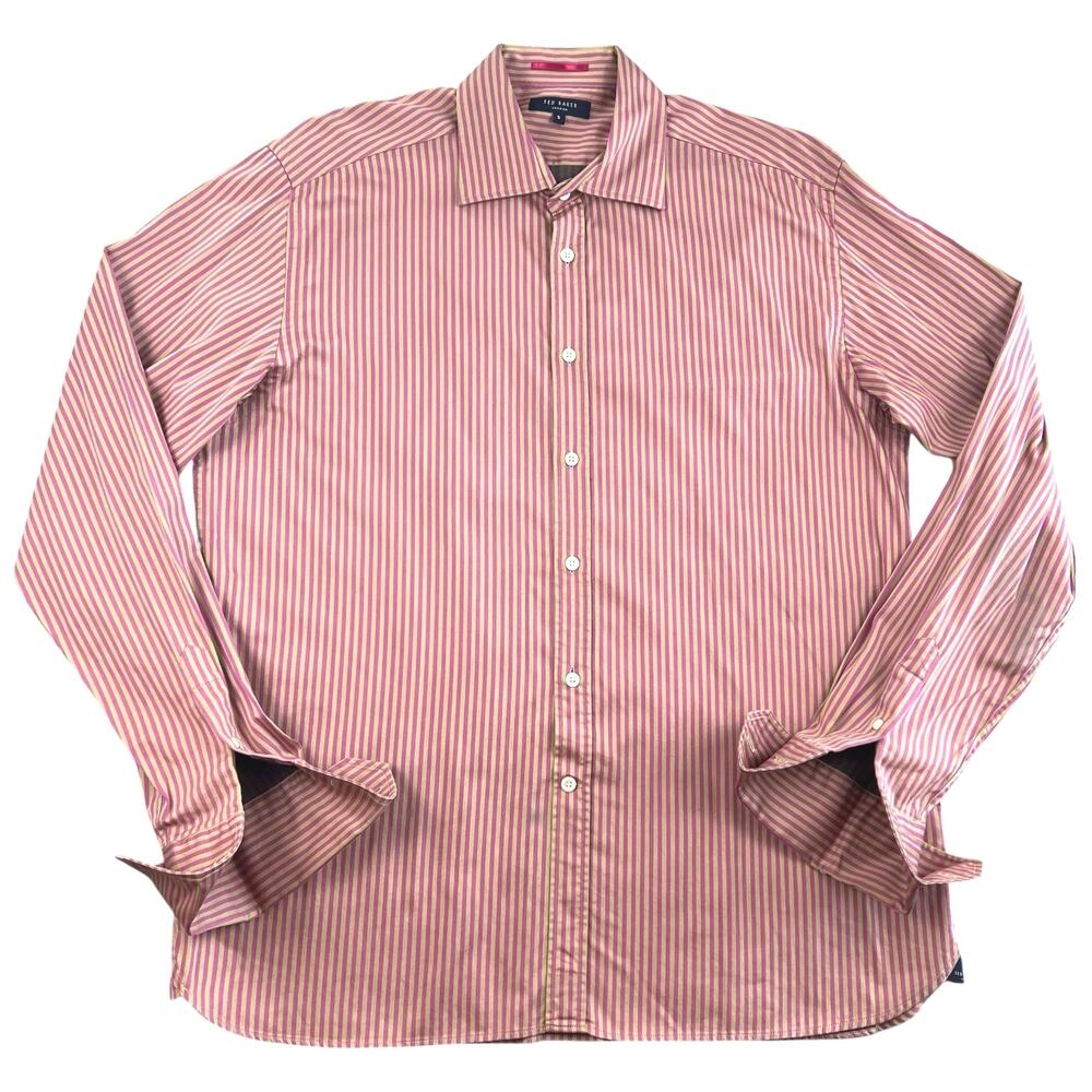 Ted Baker London Striped Button Down Shirt Mens XL Size 5 Pink Tan Stretch